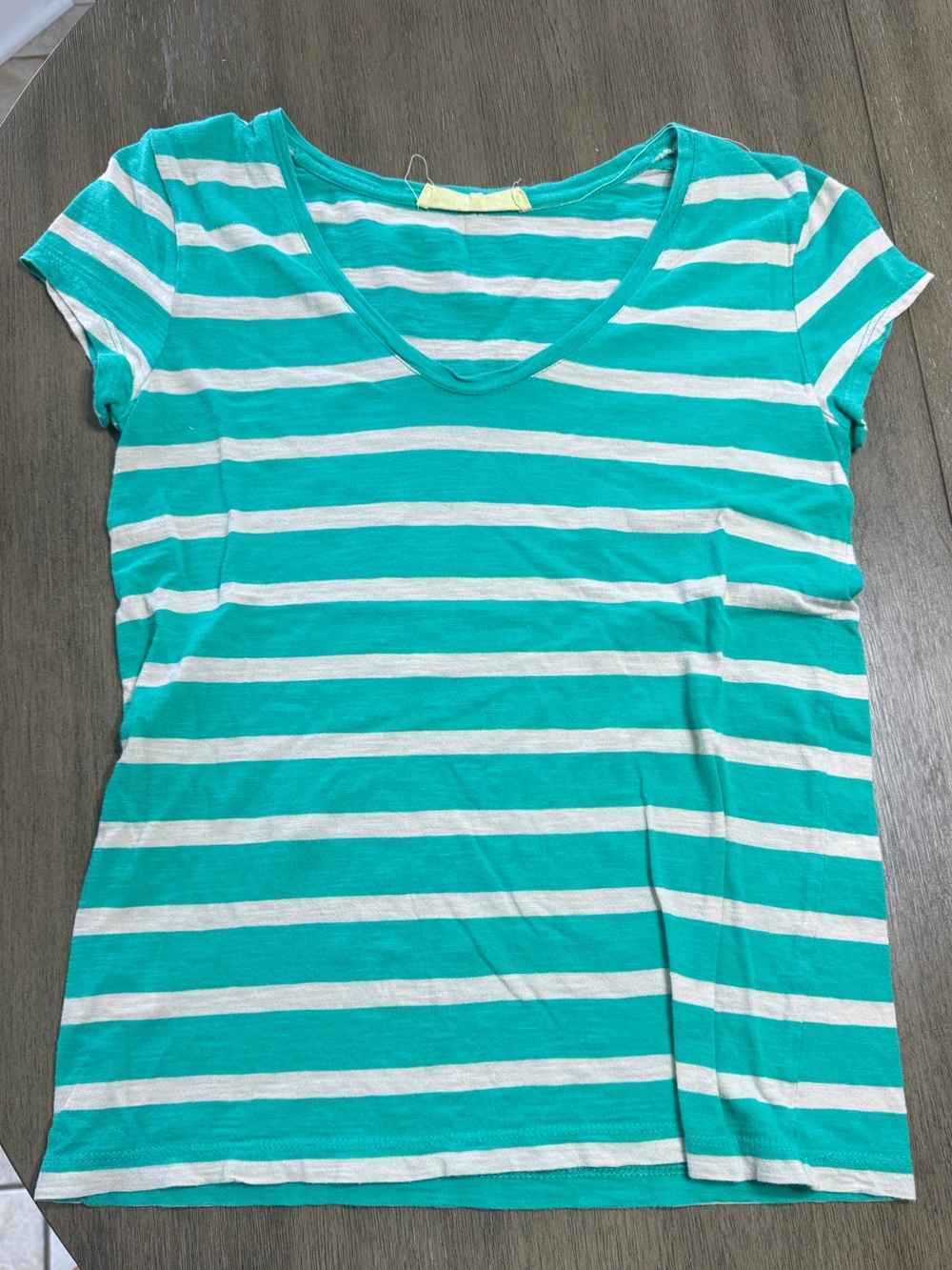LOFT Teal and White Striped V-Neck Short Sleeve Top